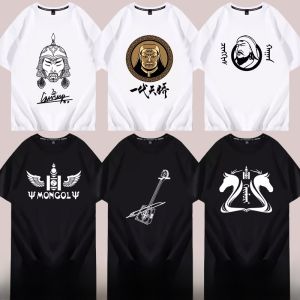One Generation of Tianjiao Genghis Khan Mongolian Element Temujin Print Short Sleeve T-shirt Pure Cotton Easiest for Match Loose Clothes
