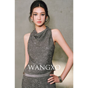 WANGXO | Bộ Áo Thun Voan Thêu Hoa 3D Elegance Không Tay & Chân Váy Đuôi Cá