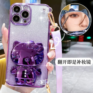 Kitty Cat Design Phone Case for Apple 15 13Promax 14Plus 12 XR XS iPhone Gradient Sparkle Silicone Protective Cover with Mirror Stand And Crossbody Strap