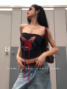 Áo Vest in Họa Tiết Hoạt Hình Màu Đen Cho Nữ Mùa Hè 2025 Áo Hở Lưng Gợi Cảm Thiết Kế Mới Áo Khoác Ngoài Thường Ngày