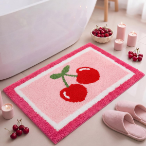 VIKAMA Pink Strawberry Plush Floor Mat Kawaii Cute Fruit Non Slip Absorbent Bath Rug Bedroom Bathroom Entrance Decor Doormat