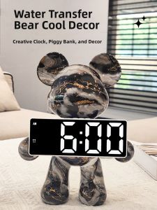 Luxurious Violent Bear Clock Tabletop Decorative Item LED Display Digital Electronic Clock Moving Gift Modern Minimalist Black Resin