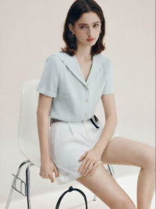 FAMANXUAN | Petite-Friendly Summer Navy Collar Hem Trim Blouse
