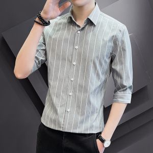 ROMON | Lormen Ice Silk Short Sleeve Shirt Thin Summer Casual Mens Striped No Ironing Business Professional Seven-Quarter Length Coat