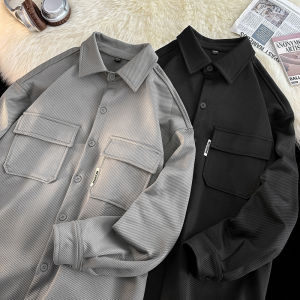 Spring & Fall New Polo Collar Workwear Shirt Mens Long Sleeves Trendy Fancy Loose Shirt Mens Fashion Wear Casual Outwear