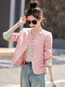 New Chinese Style Womens Short Jacket Spring Autumn Pink Color Commute Button Splicing Pure Color Polyester Fiber Long Sleeve