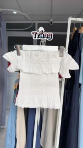 4 màu Vải kaki cotton Áo trễ bệt vai bo chun smocking phối viền bèo xinh xắn dễ thương gợi cảm MOANA TOP