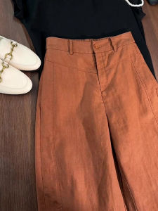 PAIBOLI | High Waist Straight Leg Pants Caramel Color Elastic Waist Cotton Linen Womens Summer Loose Fit Wide Leg Trousers
