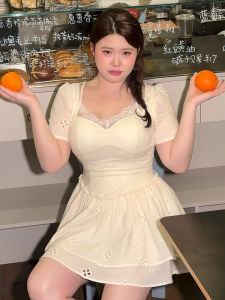 DMcc plus Size Lace Short Sleeve Dress Womens Summer Fashion Bubble Hem High Waist A-Line Skirt Cotton Casual V-Neck Dress