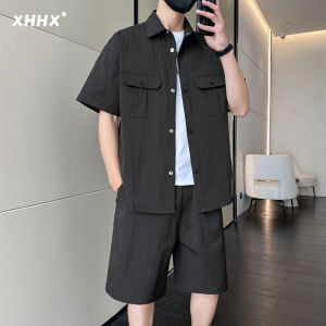 Khaki Parka Polo Shirt Mens Summer Suit Trendy Teen Short Sleeve Shirt Shorts Wear a Complete Set