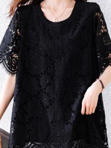 plus Size Summer Lace Shirt Midi Loose Short Sleeve Meat Covering Slimming Black Womens Fashion Casual Inner Wear Top