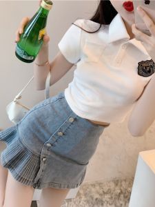 Sweet Younger Short Sleeve T-Shirt + Bevel Button Ruched Patchwork High Waist Bodycon Dress Denim Skirt Suit Female Summer