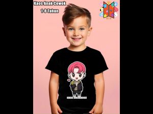 Kaos Anak Lengan Pendek Karakter KPOP Hitam Cerdas Baju Remaja Motif Animasi