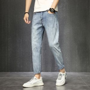 ROMON | Romon Mens Summer Thin Ice Silk Casual Loose Straight Leg Jeans Blue Nine-Tenths Pants Cotton Polyester Spandex Blend