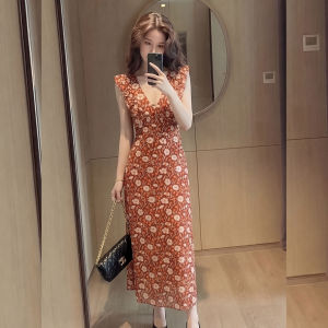 YIKEMAI | Vintage Floral French Style Sleeveless V-Neck Waist-Cinched Dress