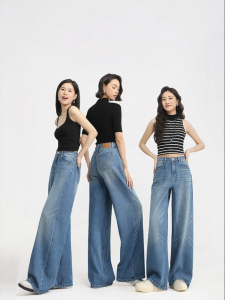 HIPPIE MISS | Height Customized Retro Girl Jeans Blue Slimming Wide Leg Floor Length Pants