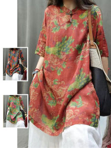 Ethnic Style Chinese Frog Peony Printed Ramie Mid Length Long Length Shirt Plus Size Womens National Style Loose Fashionable Floral Tops