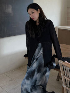 เสื้อคาร์ดิแกนผ้าไหมน้ำแข็งสีดำบางสำหรับผู้หญิงในฤดูร้อนและฤดูใบไม้ร่วง ดีไซน์ไม่ซ้ำใคร แขนยาว ปกโปโล แขนยาว ปกโปโล