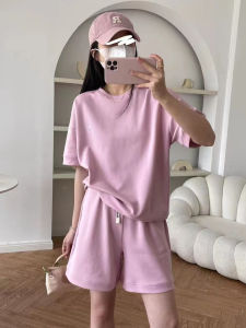 Pink Sporty Casual Two-Piece Set Womens Loose Short Sleeve Shorts Summer Fashion Streetwear Comfortable Breathable Polyester