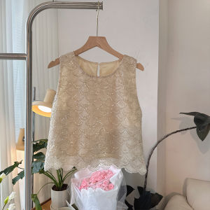 Elegant Sequin Vest Heavy Embellishment Sleeveless Fashion Design Ageless Pearl Buttoning Commute Style Pure Color Summer 2023