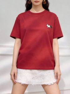 QINGNAER | Oversized Red Embroidered Round Neck T-Shirt