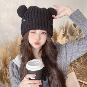 【♡Lovely girls house♡】2023 Solid Color Knitted Cute Bear Ears Wool Warm Hat for Women Winter Soft Plush Thicken Warm Hat