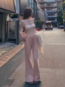 Pink Rice Noodle Pants Womens Spring Autumn Winter Fleece Lazy Girl Sports Sweatpants Wide Leg Casual Towel Walking Pants