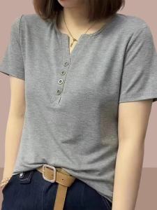 Pure Cotton Short Sleeve T-Shirt Womens Short V-neck Top Youthful Slimming Mid-aged Mom Summer Fashion Korean Style Casual Wear