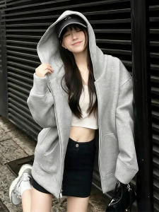 SUHUIQIAN | Gray Hooded Sweater Jacket Open Front Loose Lazy Style Thin