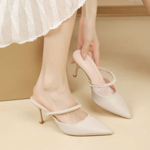 รองเท้าแตะส้นสูงแบบสวมครึ่งนิ้วสำหรับผู้หญิงในช่วงฤดูร้อนปี 2025 ทรงหัวแหลมสีขาว พร้อมสายรัดหัวเข็มขัดแบบฝรั่งเศสสำหรับใส่กลางแจ้ง