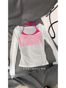 Delicate Summer Camisole And Vest Set Neck Hanging Strap Top Gentle Girl Transparent Two-Piece Suit Commute Style Long Sleeve round Neck