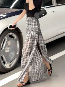 MANMI | Chân Váy Dài A-Line Ôm Retro Đen Trắng Caro