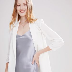 No-Cuff Slim Fit Womens Blazer Jacket Spring Autumn Summer Thin Pleated Sleeve Stand Collar Buttonless Peach Color Business Suit