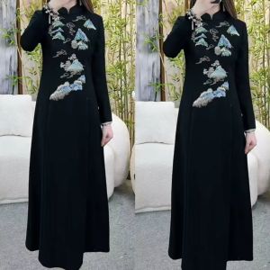 Elegant Chinese Style Long Sleeve Embroidered Stand Collar Womens Dress Slimming Waist A-Line Skirt Autumn Fashion Fairy Wind