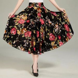 เอวยืดหยุ่น น้ําแข็ง ผ้าไหม ครึ่ง กระโปรง Square Dance กระโปรง ยาว 70 ซม. ฤดูร้อน กระโปรงยาวปานกลาง สําหรับผู้หญิงวัยกลางคน ลายดอก กระโปรงทรงเอ