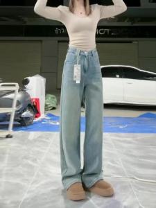 สูงสีน้ําเงิน เอว ขาตรง กางเกงยีนส์ ผู้หญิง ฤดูใบไม้ผลิ ฤดูใบไม้ร่วง 2024 แบบใหม่ ยาว หลวม ขากว้าง กางเกง พรางหุ่น Drapey Effect
