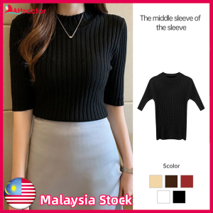 Korean Style Knited Short-sleeved Slim Fitting Knitwear Women Gentle Style Short Top