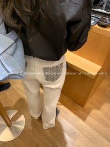 White Embroidered Wide Leg Jeans Daqian High Waist Long Pants Cotton Stretch Denim Back Pocket Design Versatile Fashionable