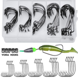 50pcs/box Premium Crank Barbed Hooks Set - High Carbon Steel Wide Gap Offset Fishhook for Soft Worm FishingCorrosion-Resistant