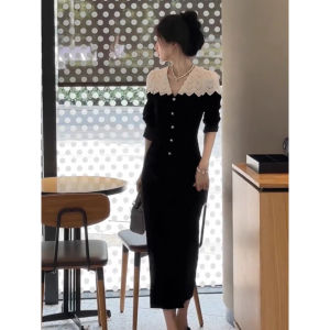Elegant French Hepburn Style Long Sleeve Velvet Dress Black Evening Gown for Women Autumn Fashion High Waist Ball Dress