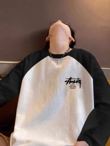 Loose Long Sleeve T-Shirt Pure Cotton Shoulder Insertion Color Block Youth Spring Autumn Couple Base Shirt Casual Top