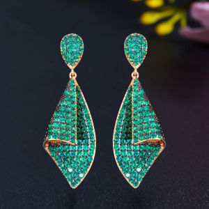 SEQUITO New Fashion Festival Party Jewelry Full Micro Inlaid Round Green AAA Cubic Zirconia Stones Designer Women Prom Yellow Gold Color with 925 Silver Pins Dangle Drop Earrings SE795