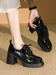 Fashionable High Heels Womens Shoes 2025 New Style Waterproof Platform Thick Heel Deep Mouth Lace up PU Leather Oxford Shoes