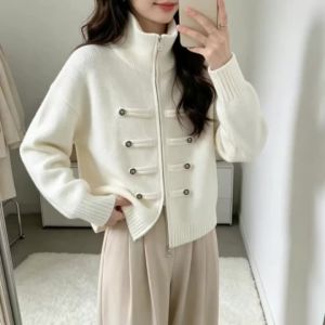 Solid Turtleneck Double Zipper Long-sleeved Knitted Cardigan Top Womens Autumn Winter Versatile Fashion Sweater Thickened Short