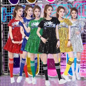 Women golden dance performance wear shiny sequined tops Skirts set silver bling bling short sleeve T-shirts