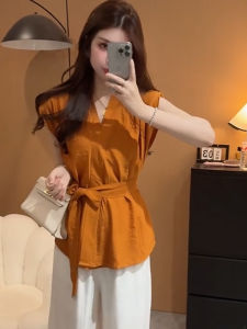 Fashionable V-Neck Shirt Womens Summer 2025 Korean Style Tie Waist Fly Sleeve Top Elegant And Versatile Short Sleeve Shirt