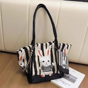 Cute Cartoon Rabbit Striped Canvas Tote Bag Womens Large Capacity Commuter Single Shoulder Bag Fashionable 2025 New Style