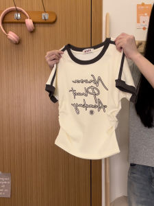 Creme Univers Short Sleeve T-Shirt Womens Retro College Style Letter Patch Color Stripe Shoulder Insert Summer New Arrival