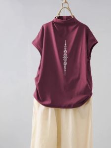 Loose Casual Cotton T-Shirt Half High Collar Short Sleeve Artistic Printed Slimming Top for Women Summer New Style