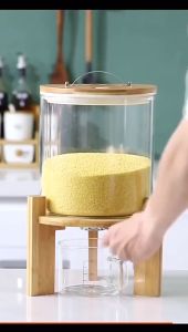 Glass Rice Dispenser Wooden Stand Flour Cereal Container Pantry Food Organization Storage Bin Airtight